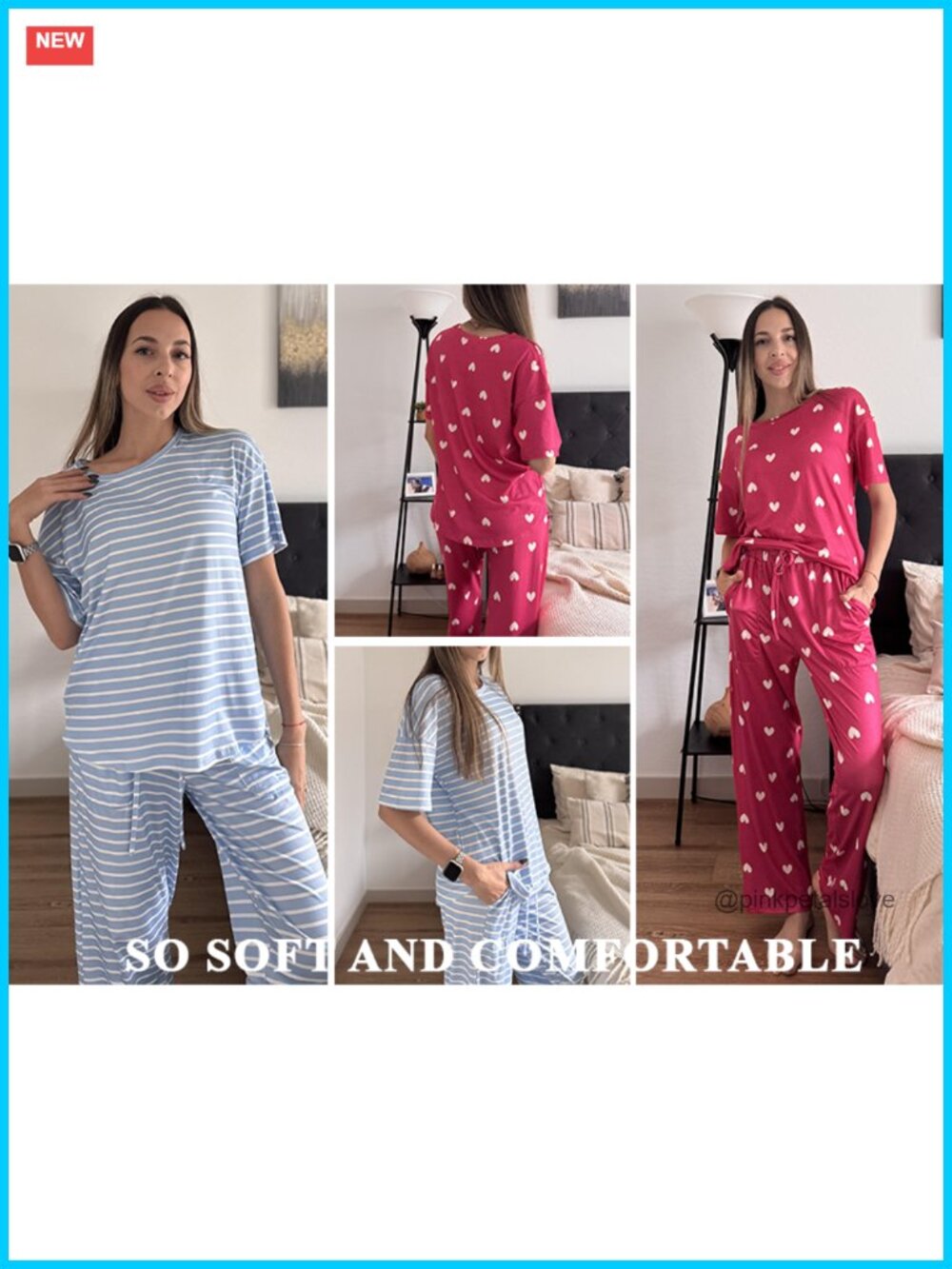 2 Piece Pajama Set Short Sleeve Top Long Pants Lounge Set with Pockets - Picture 6 of 6
